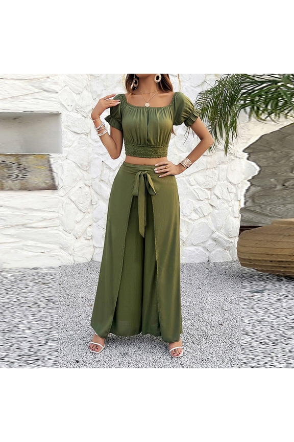 Womens 2 Piece Outfits Summer Casual Travel Suit Set Ruffle Short Sleeve Pleated Shirts and Wrap Wide Leg Pants
