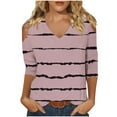 thumbnail image 1 of gbyLJF Womens 3/4 Sleeve Shirts 2024 Fashion Stripes Print Fall Casual Loose V Neck Off the Shoulder Tunic Tops Pink XL, 1 of 5