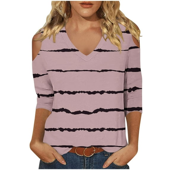 gbyLJF Womens 3/4 Sleeve Shirts 2024 Fashion Stripes Print Fall Casual Loose V Neck Off the Shoulder Tunic Tops Pink XL