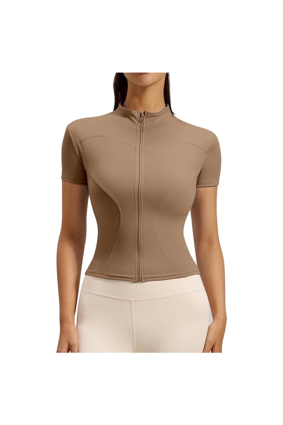 Womens Athletic Zip Up Jacket Solid Color Short Sleeve Workout Yoga Tops Lightweight Running Jackets for Women