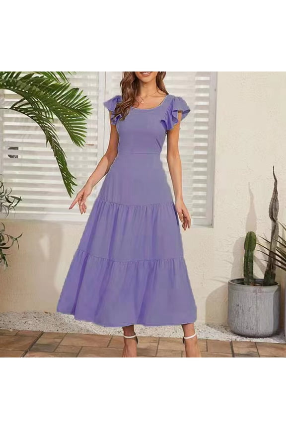 Womens Boho Midi Dresses Plus Size V Neck Flutter Short Sleeve Dress Cute Ruffle Tiered A Line Loose Flowy Beach Long Dress Coupons