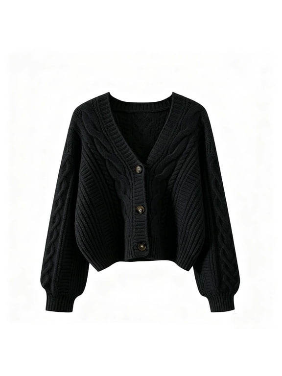 Womens Cable Knit Cropped Cardigan Casual V Neck Button Down Sweater Comfy Long Sleeve Jacket Black
