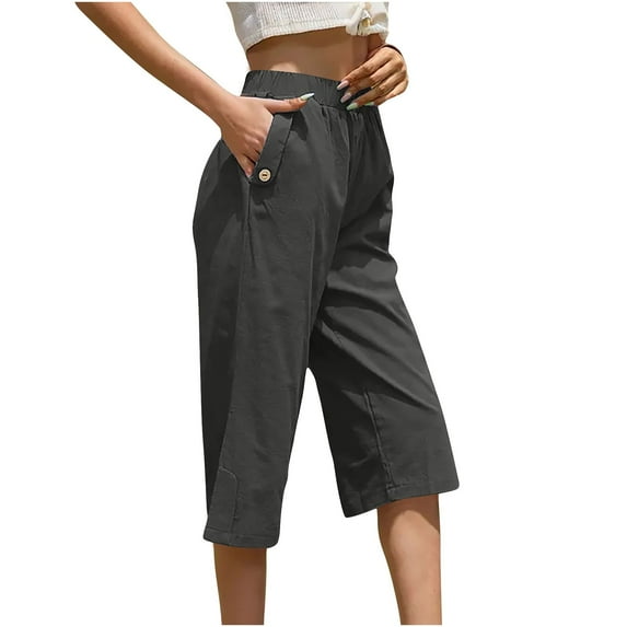 gbyLJF Womens Capri Pants Casual Wide Leg Jogger Pants Elastic Waist Lightweight Loose Cropped Pants with Pockets Gray L