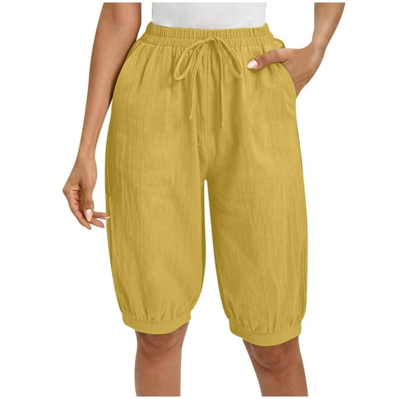 gbyLJF Womens Capri Pants Drawstring Elastic Waist Knee Length Casual Pants Baggy Comfy Linen Beam Foot Shorts Yellow L