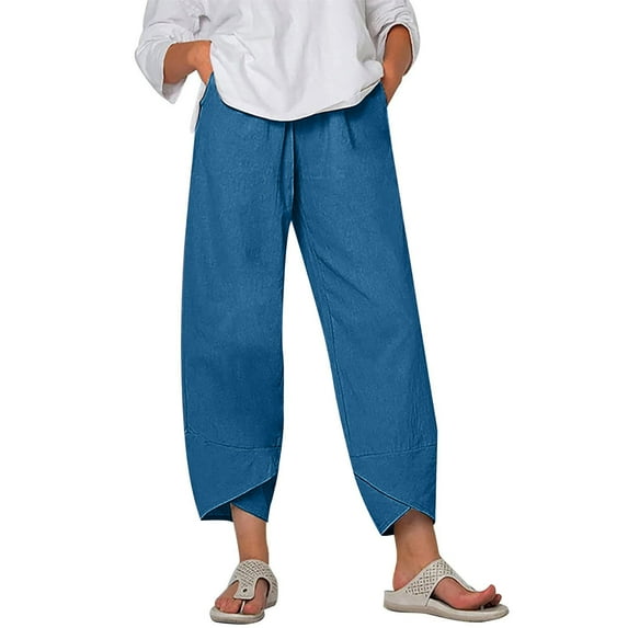 gbyLJF Womens Capri Pants Summer Cotton Linen Beach Capris Elastic Waist Baggy Straight Leg Crop Trousers A03_Blue 5XL