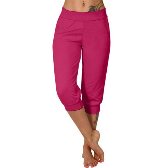 gbyLJF Womens Capri Pants Summer Low Rise Casual Yoga Pants Cinch Bottom Baggy Joggers with Pockets A01_Hot Pink 3XL