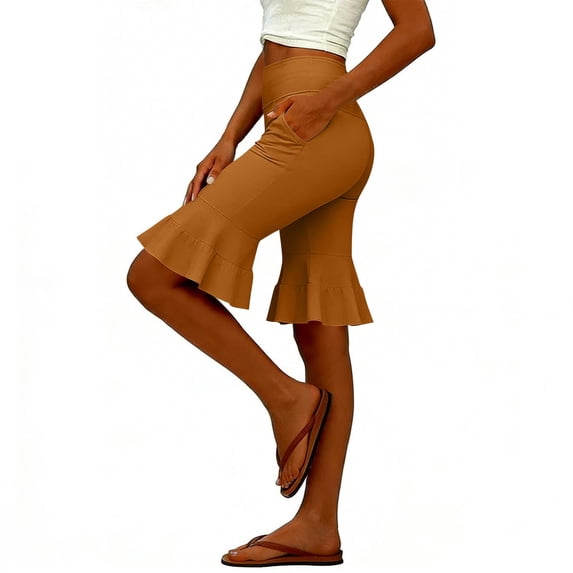 gbyLJF Womens Capris Pants Solid Color Knee Length Flare Yoga Pants High Waist Crop Ruffle Pants with Pockets