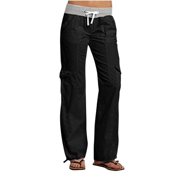 gbyLJF Womens Cargo Pants Low Rise Wide Leg Pants Drawstring Y2K Tie Fall Casual Flare Trousers with Flap Pockets Black XXL
