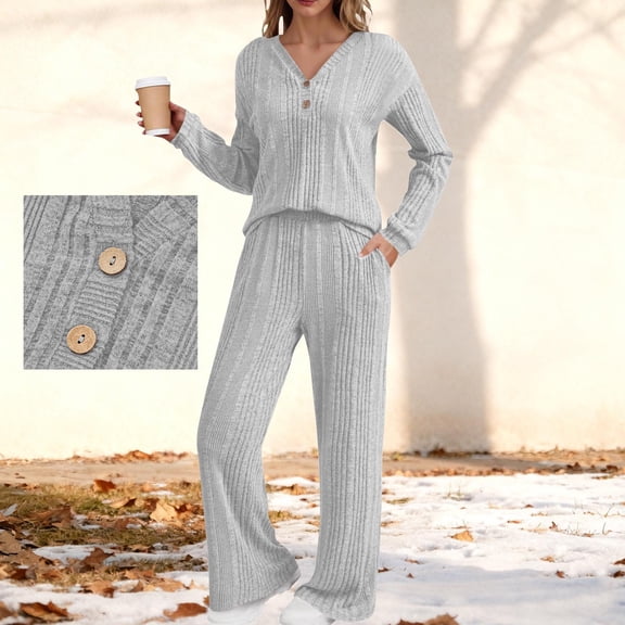 gbyLJF Womens Casual Knitted Outfit Set Long Sleeve V-neck Shirts Elastic Waist Pants Solid Color 2 Piece Tops&Pants Set