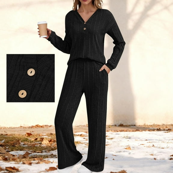 gbyLJF Womens Casual Knitted Outfit Set Long Sleeve V-neck Shirts Elastic Waist Pants Solid Color 2 Piece Tops&Pants Set