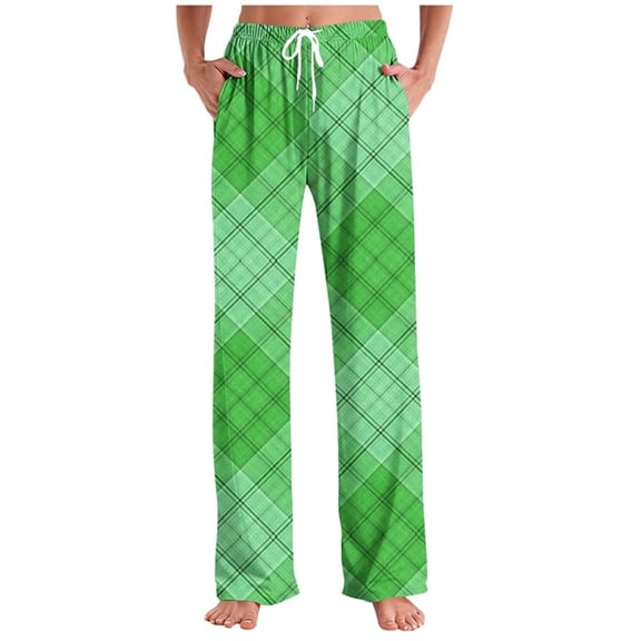 gbyLJF Womens Casual Trousers Plaid Printed Elastic Waist Drawstring Long Pants Loose Fit Linen Pant with Pockets