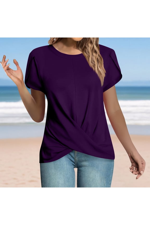 Womens Casual Tunic Top Summer Twist Front Tees Shirts Short Sleeve Blouse Round neck Loose T-shirt