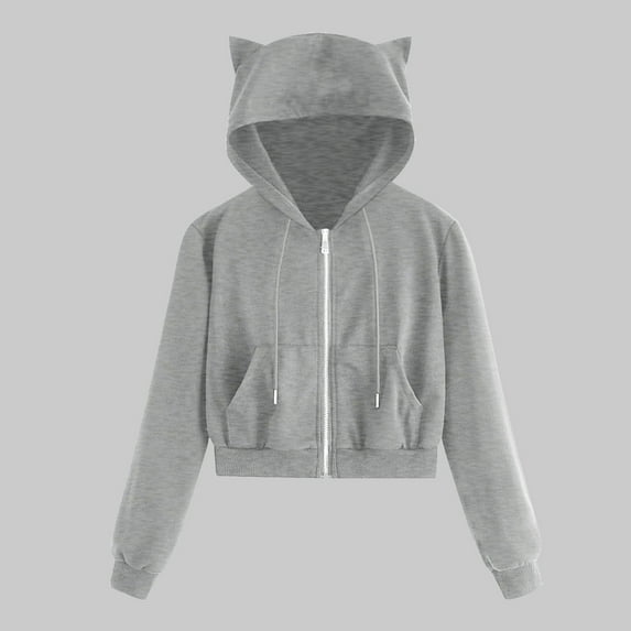 gbyLJF Womens Cat Hoodies Drawstring Hooded Jacket Cute Hoodies with Ears Long Sleeve Crop Zipper Sweatshirt Gray 3XL