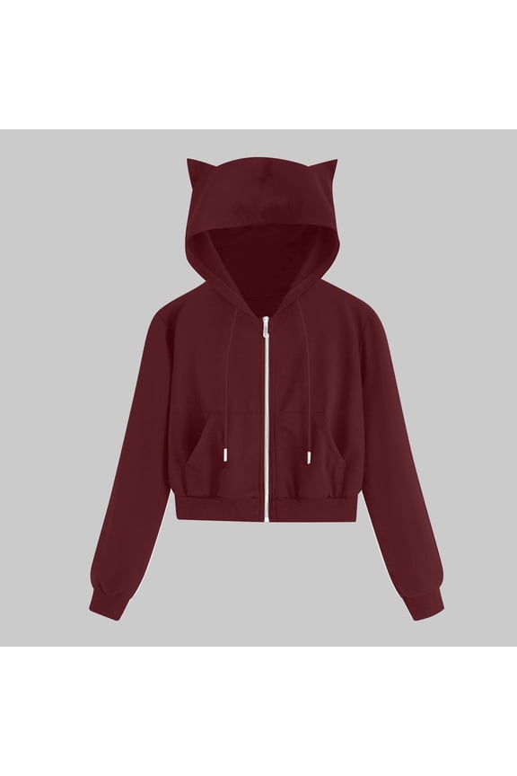 Womens Cat Hoodies Drawstring Hooded Jacket Cute Hoodies with Ears Long Sleeve Crop Zipper Sweatshirt Wine L