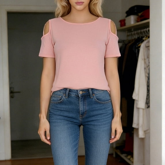 gbyLJF Womens Cold Shoulder Tops Solid Color Short Sleeve Round Neck Summer T Shirts Loose Casual Basic Tees