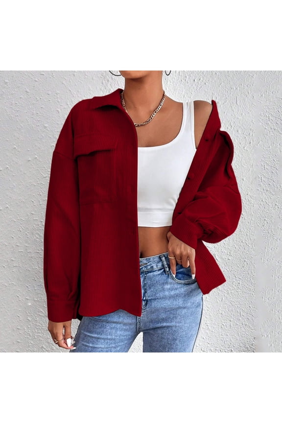 Womens Corduroy Button Down Jackets Solid Color Laple Shirts Cardigan Casual Striped Long Sleeve Jacket Tops with Pockets