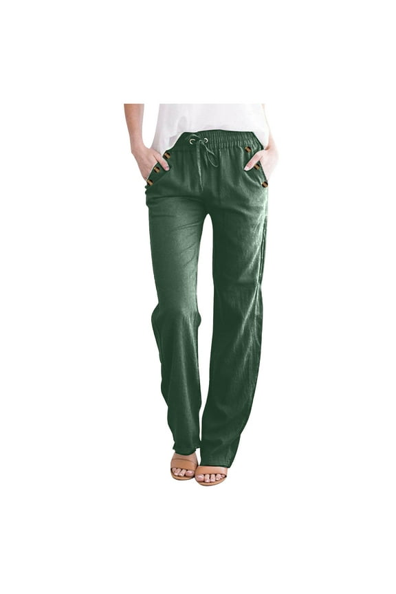 Womens Cotton Linen Pants Lightweight Fall Casual Elastic Waist Plus Size Solid Lounge Long Trousers Army Green XL