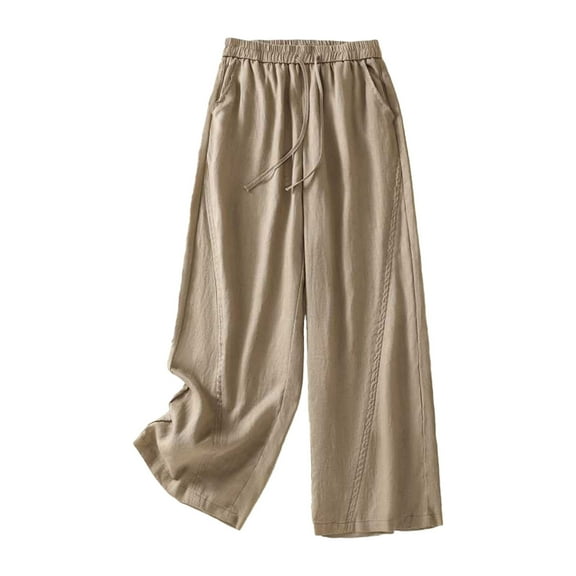 gbyLJF Womens Cotton Linen Pants Trendy Ruffle Trim Loose Fit Elastic Waist Pants Work Casual Pants with Pockets A02_Khaki L