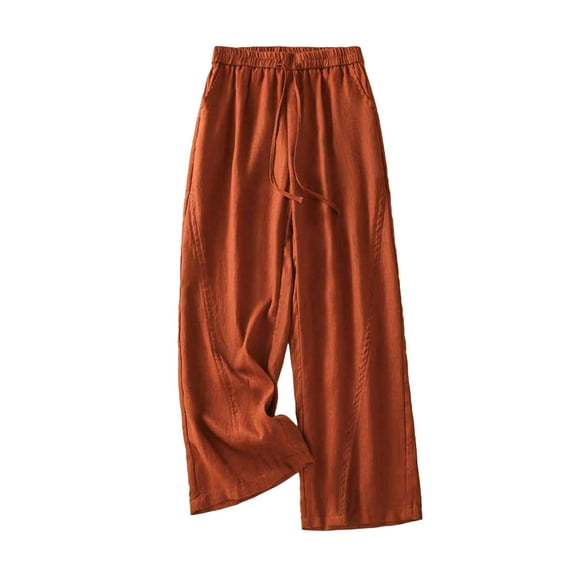 gbyLJF Womens Cotton Linen Pants Trendy Ruffle Trim Loose Fit Elastic Waist Pants Work Casual Pants with Pockets A02_Orange XXL