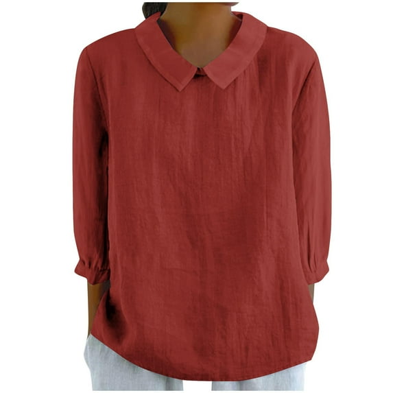 gbyLJF Womens Cotton Linen Tops Thin Breathable Loose Plus Size 3/4 Sleeve Lapel T Shirt 2024 Fall Clothes Red 3XL
