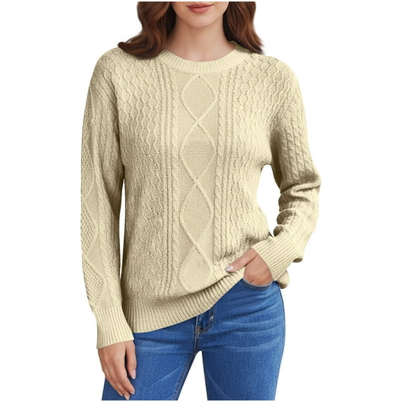 gbyLJF Womens Crewneck Sweater Casual Solid Color Long Sleeve Cable Knitted Pullover Fall/Winter Warm Soft Knit Top