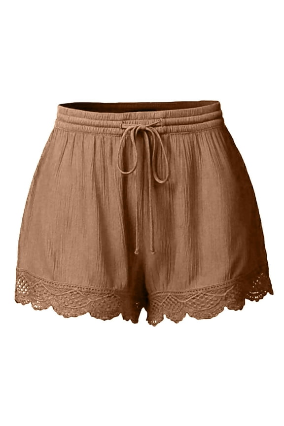 Womens Drawstring Shorts Cute Lace Trim Summer Elastic Waist Casual Shorts Lightweight with Pockets Khaki 3XL