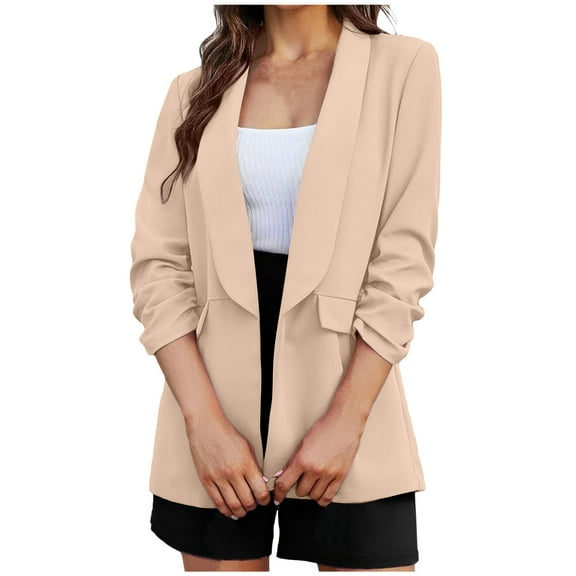 gbyLJF Womens Fall Fashion Casual Blazers 3/4 Sleeve Open Front Work Suit Office Blazer Jackets with Pockets Beige L