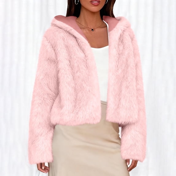 gbyLJF Womens Faux Fur Coats Solid Color Long Sleeve Hooded Cardigan Winter Casual Short Fuzzy Outwear Jackets