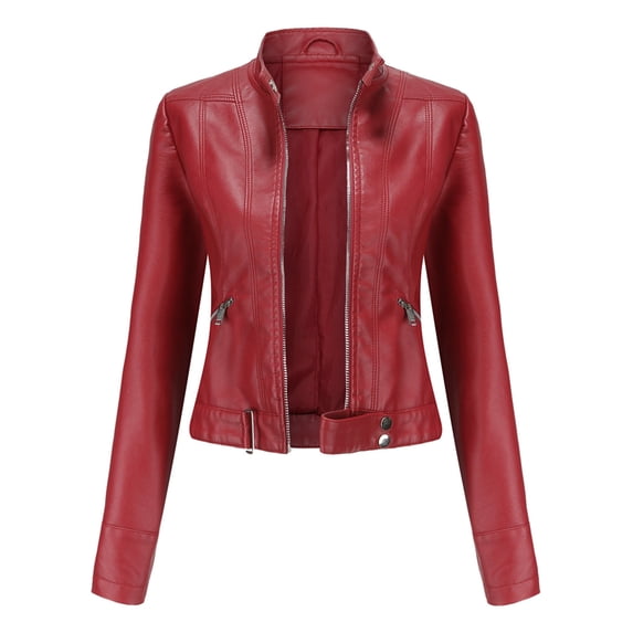 gbyLJF Womens Faux Leather Long Sleeve Jackets Trendy Quilted Moto Outerwear Cropped Slim Lapel Coat Jackets Red XXL