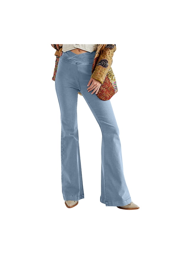 Womens Flare Jeans High Waist Denim Pants Crossover High Waisted Stretch Bodycon Bell Bottoms Trousers Blue M