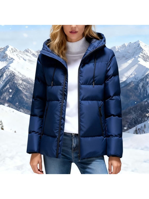 Womens Full Zip Down Jacket Casual Loose Solid Color Puffer Coats Winter Lightweight Hooded Outwear Jacket with Zipper Pockets
