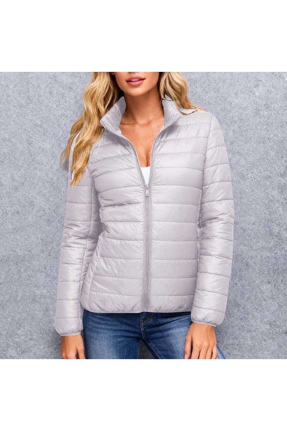 Womens Full Zip Down Jacket Casual Loose Solid Color Puffer Coats Winter Lightweight Outwear Jacket with Zipper Pockets
