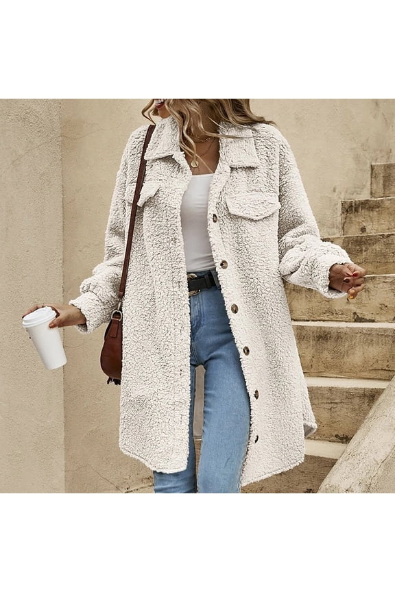 Womens Fuzzy Cardigan Solid Color Single-breasted Lapel Jackets Mid-length Open Front Double-sided Fleece Coat Outwear