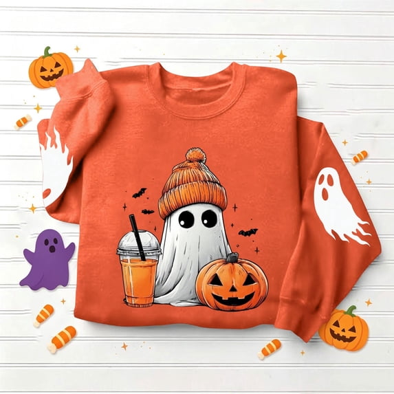 gbyLJF Womens Halloween Cute Ghost Sweatshirts Pumpkin Graphic Crewneck Pullover Soft Fleece Funny Aesthetic Party Sweater
