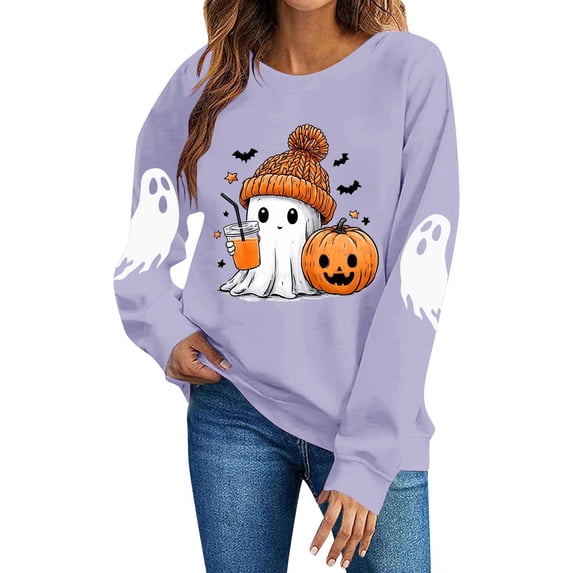 gbyLJF Womens Halloween Cute Ghost Sweatshirts Pumpkin Graphic Crewneck Pullover Soft Fleece Funny Aesthetic Party Sweater