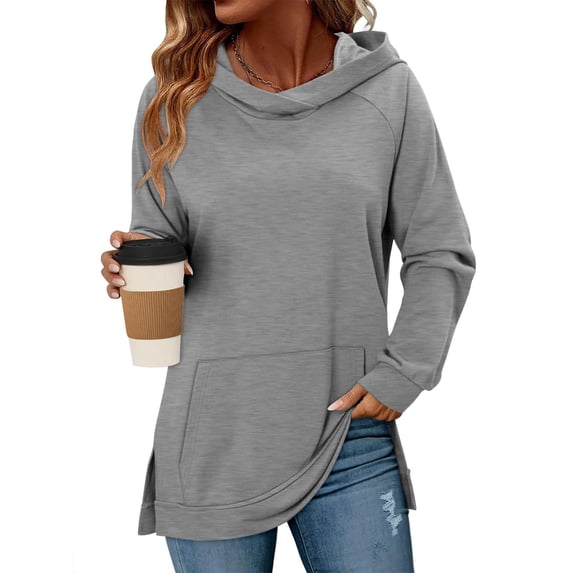 gbyLJF Womens Hoodie Long Sleeve Solid Color Round Neck Pullover Tops Casual Loose Side-slit Sweatshirt with Pockets