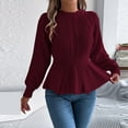 thumbnail image 1 of gbyLJF Womens Knitted Sweaters Casual Long Sleeve Round Neck Pullover Blouse Solid Color Waist-cinching Ruffled Sweater, 1 of 7