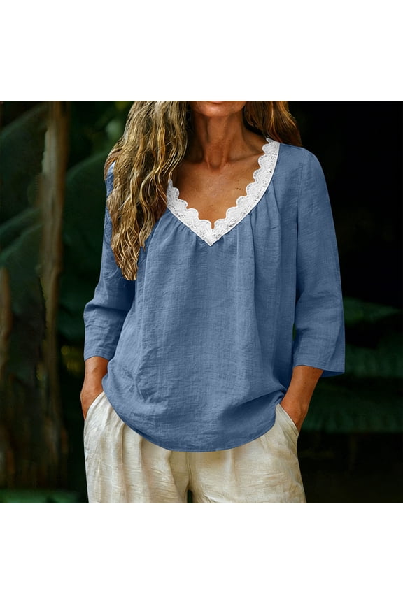 Womens Lace V Neck Shirts Cotton Lined Loose Fit 3/11 Length Sleeve T-Shirts Spring Solid Color Casual Tops Blouse