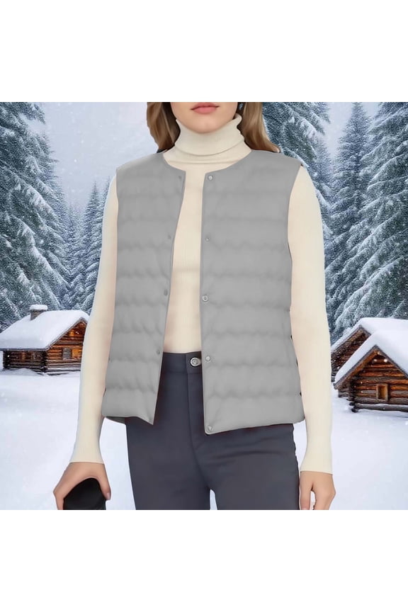 Womens Lightweight Down Vest Solid Color Round Neck Sleeveless Quilted Puffer Jacket Winter Outwear Waistcoat