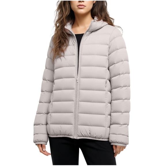 gbyLJF Womens Lightweight Hooded Down Jackets Solid Color Long Sleeve Quilted Puffer Coats Casual Full Zip Blouse with Pockets Winter Outwear
