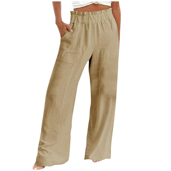 gbyLJF Womens Linen Pants Summer Beach Boho Casual Pants Elastic Waist Solid Color Baggy Straight Leg Pants with Pockets
