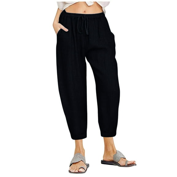 gbyLJF Womens Linen Pants Trendy Casual Pants Straight Fit Elastic Waist Drawstring Casual Trousers with Pockets Black M