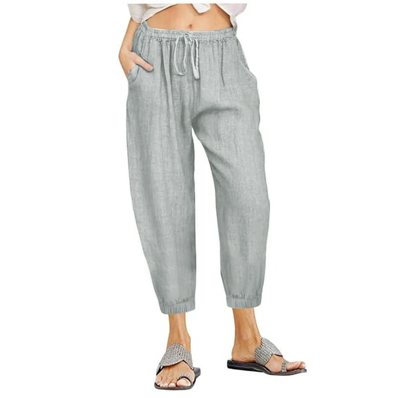 gbyLJF Womens Linen Pants Trendy Casual Pants Straight Fit Elastic Waist Drawstring Casual Trousers with Pockets Gray S