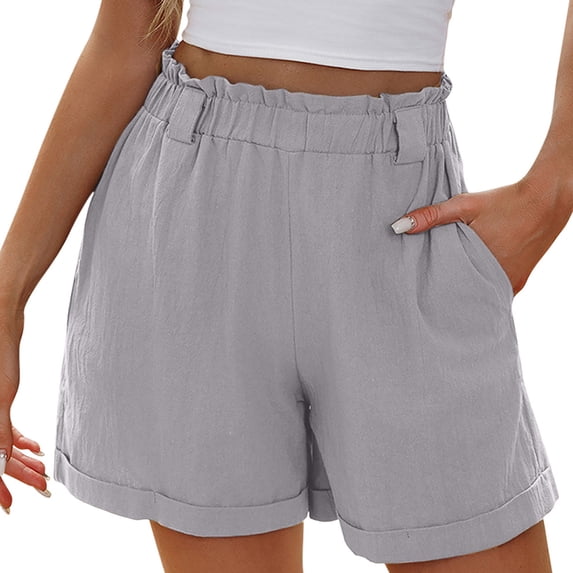 gbyLJF Womens Linen Paperbag Shorts High Waisted Wide Leg Pants Drawstring Baggy Work Shorts Summer Bermuda Shorts Gray XXL