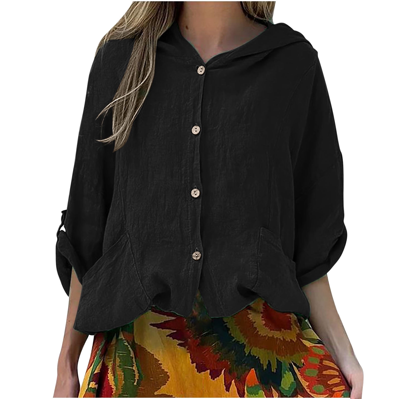 gbyLJF Womens Linen Shirt Oversized Hooded Tops Button Down Long Sleeve