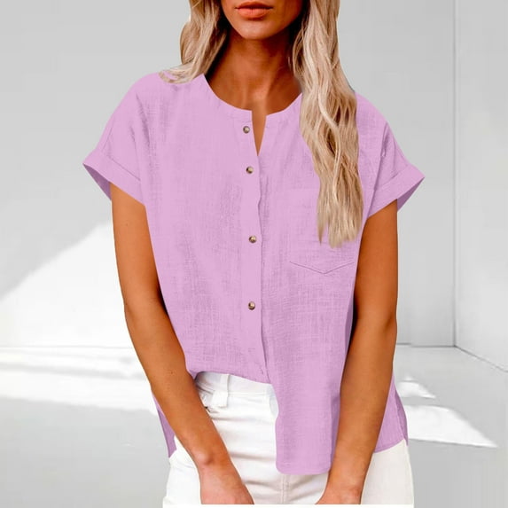 gbyLJF Womens Linen Short Sleeve Tops Solid Color Round Neck Open Front Blouses Lightweight Button Down Summer Shirts