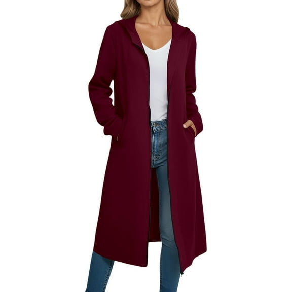 gbyLJF Womens Long Cardigan Long Sleeve Solid Color Open Front Sweater Casual Full Zip Hooded Jacket Overcoat with Pockets