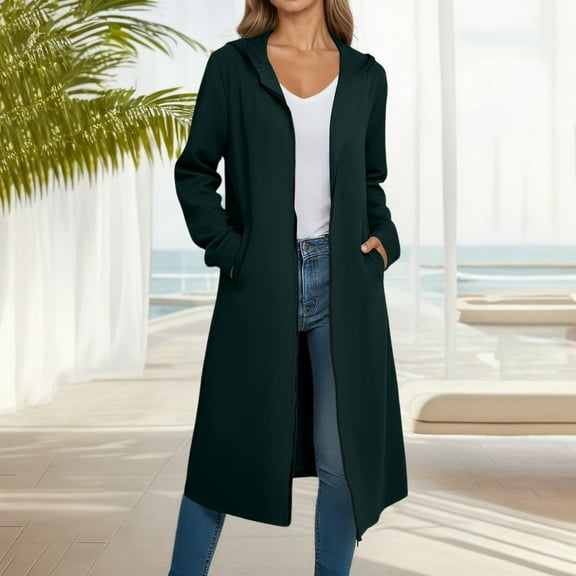 gbyLJF Womens Long Cardigan Long Sleeve Solid Color Open Front Sweater Casual Full Zip Hooded Jacket Overcoat with Pockets
