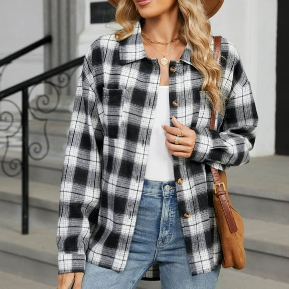 gbyLJF Womens Long Sleeve Shirt Casual Plaid Button Down Blouse Lightweight Checked Printed Lapel Shirt with Two Pockets