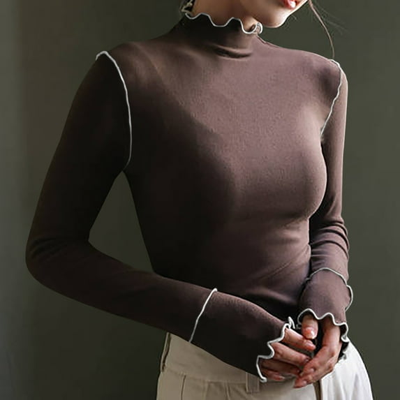gbyLJF Womens Long Sleeve Shirts Fall Fashion Slim Fit Semi-high Neck Blouse Winter Thermal Underwear Tops